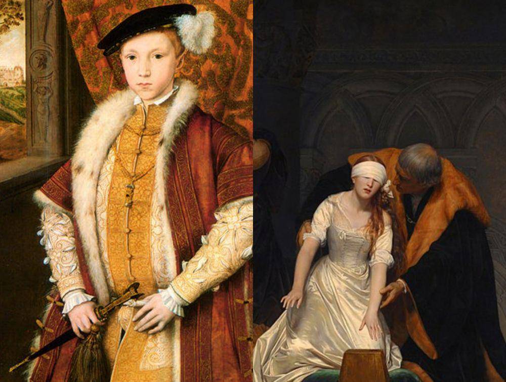 Edward VI dari Inggris dan ilustrasi eksekusi Lady Jane Gray di Menara London, 1554 (commons.wikimedia.org/Attributed to William Scrots | commons.wikimedia.org/Paul Delaroche)