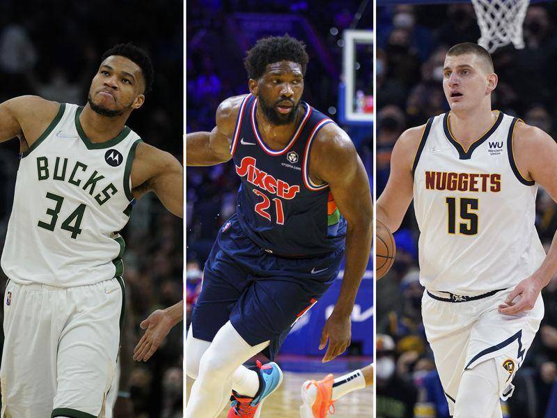Giannis Antetokounmpo, Joel Embiid, dan Nikola Jokic berebut gelar MVP 2022. (skysports.com)