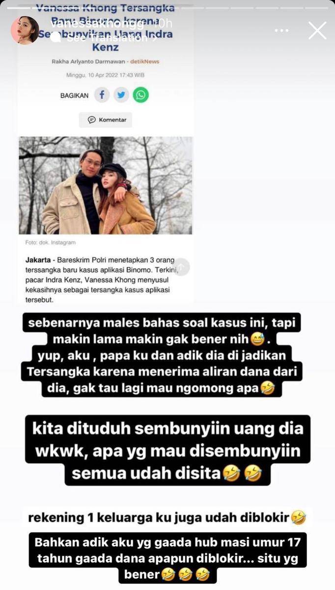 Vanessa Khong soal jadi tersangka di kasus Indra Kenz (instagram.com/vanessakhongg)