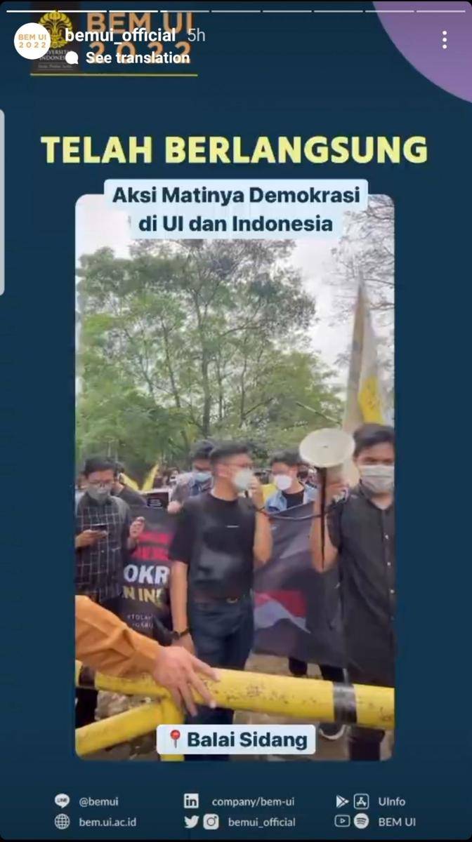 Aksi demonstrasi BEM Universitas Indonesia dan memprotes Menko Luhut Pandjaitan pada Selasa, 12 April 2022. (Instastory BEM UI)