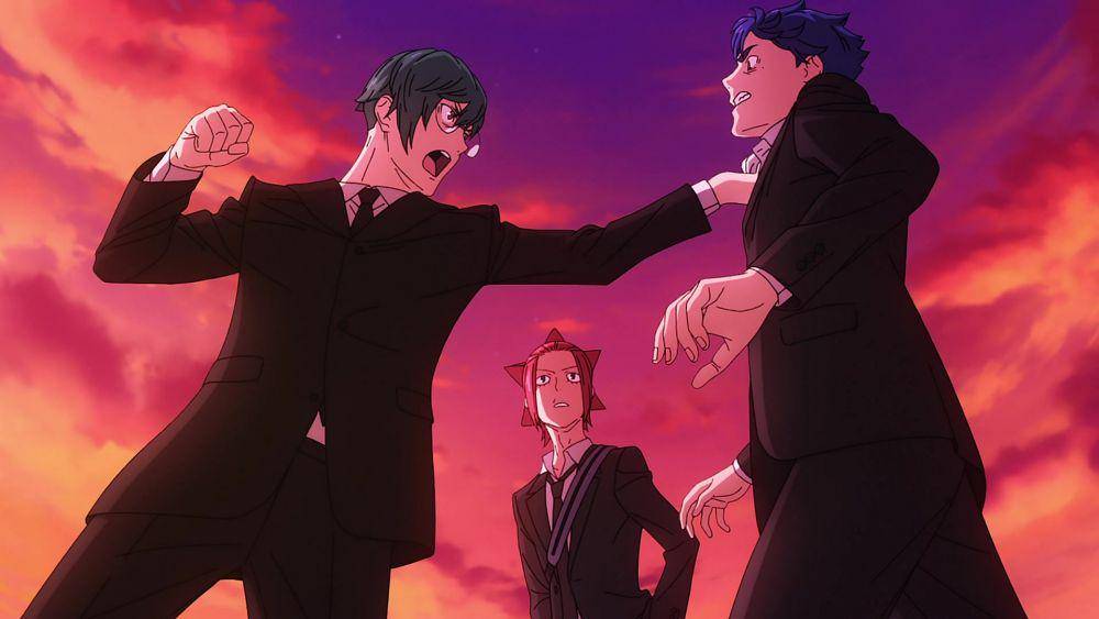 Kouki, Ran, dan Shuta berdebat tentang misteri panggilan dari Asumi. (dok. CloverWorks/Tokyo 24th Ward)