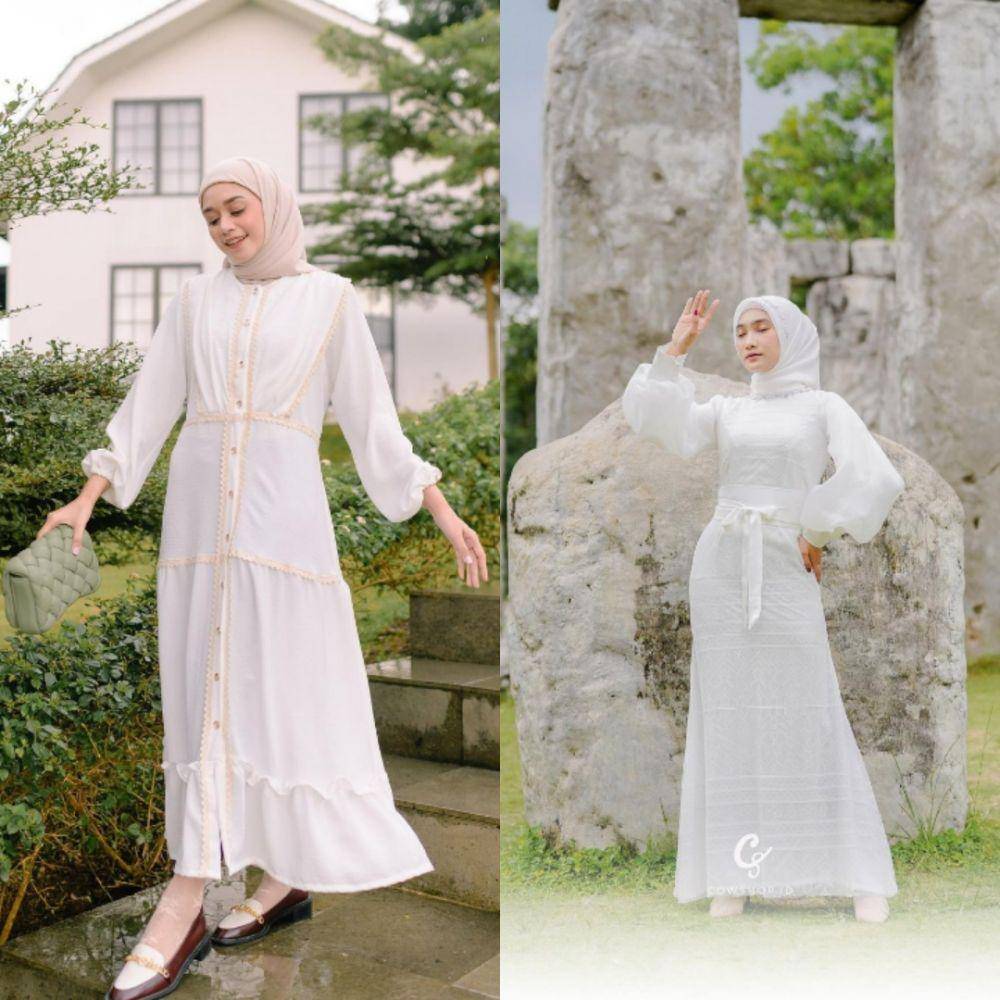 Mahyra Dress White dan Hadeeja Dress (instagram.com/haideeorlin.daily | instagram.com/cowshop.id)