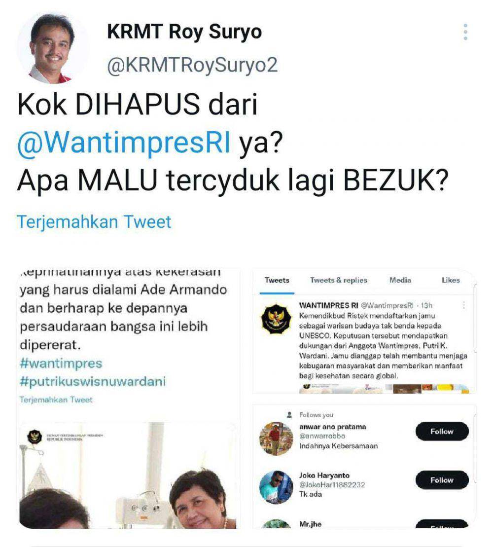 Twitter akun KRMT Roy Suryo