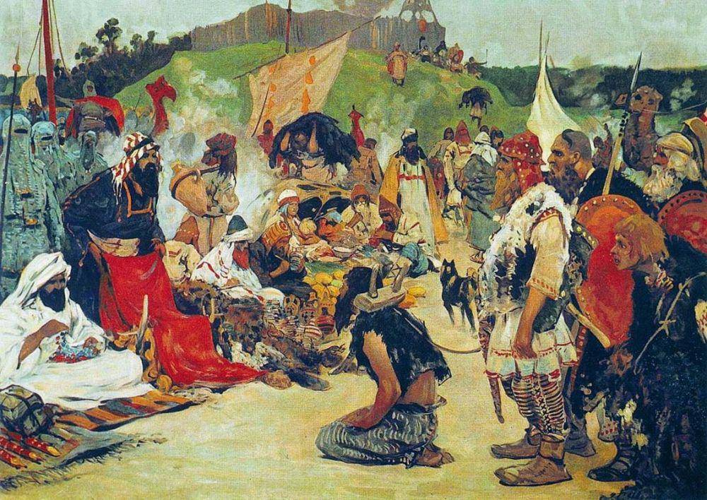 Ilustrasi negosiasi perdagangan budak di negara Slavia Timur. (commons.wikimedia.org/Sergey Ivanov)