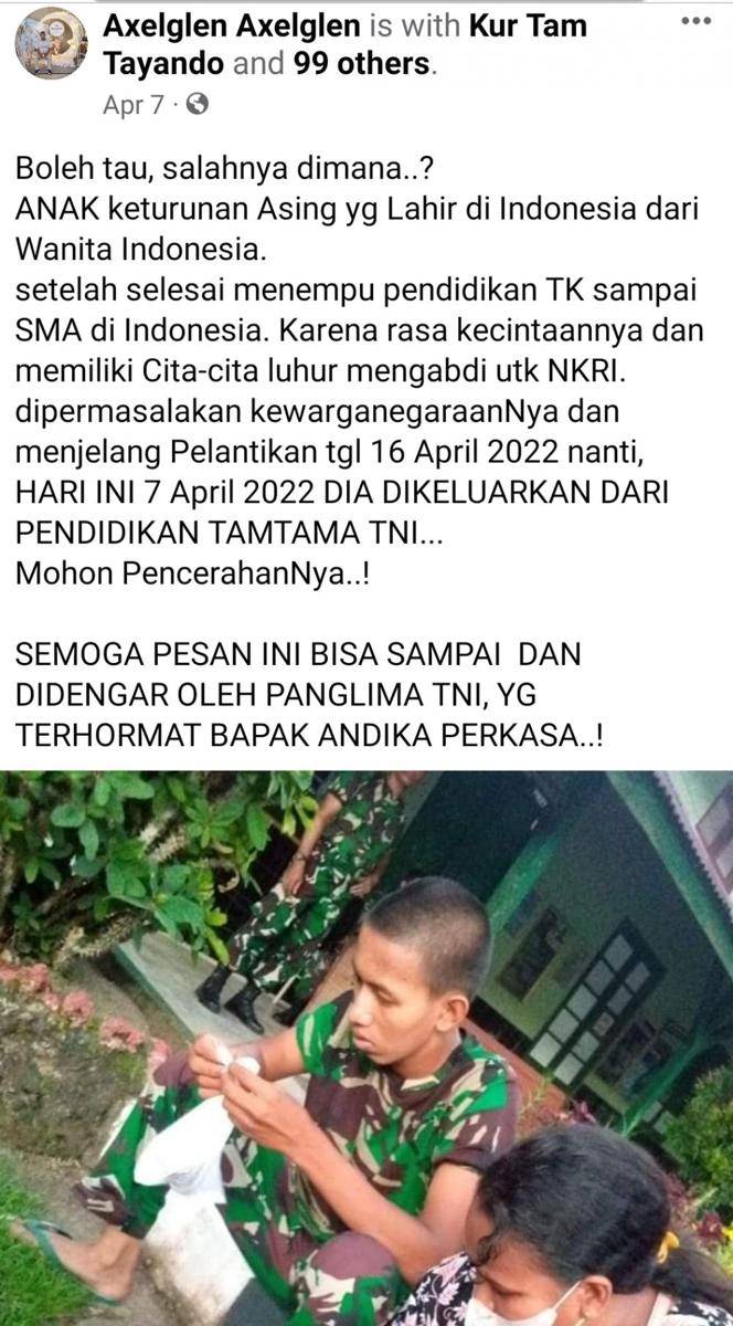 Curhatan di media sosial soal Henz Songjanan yang sempat diberhentikan tidak hormat dari pendidikan Tamtama karena merupakan anak warga asing. (Tangkapan layar Facebook)