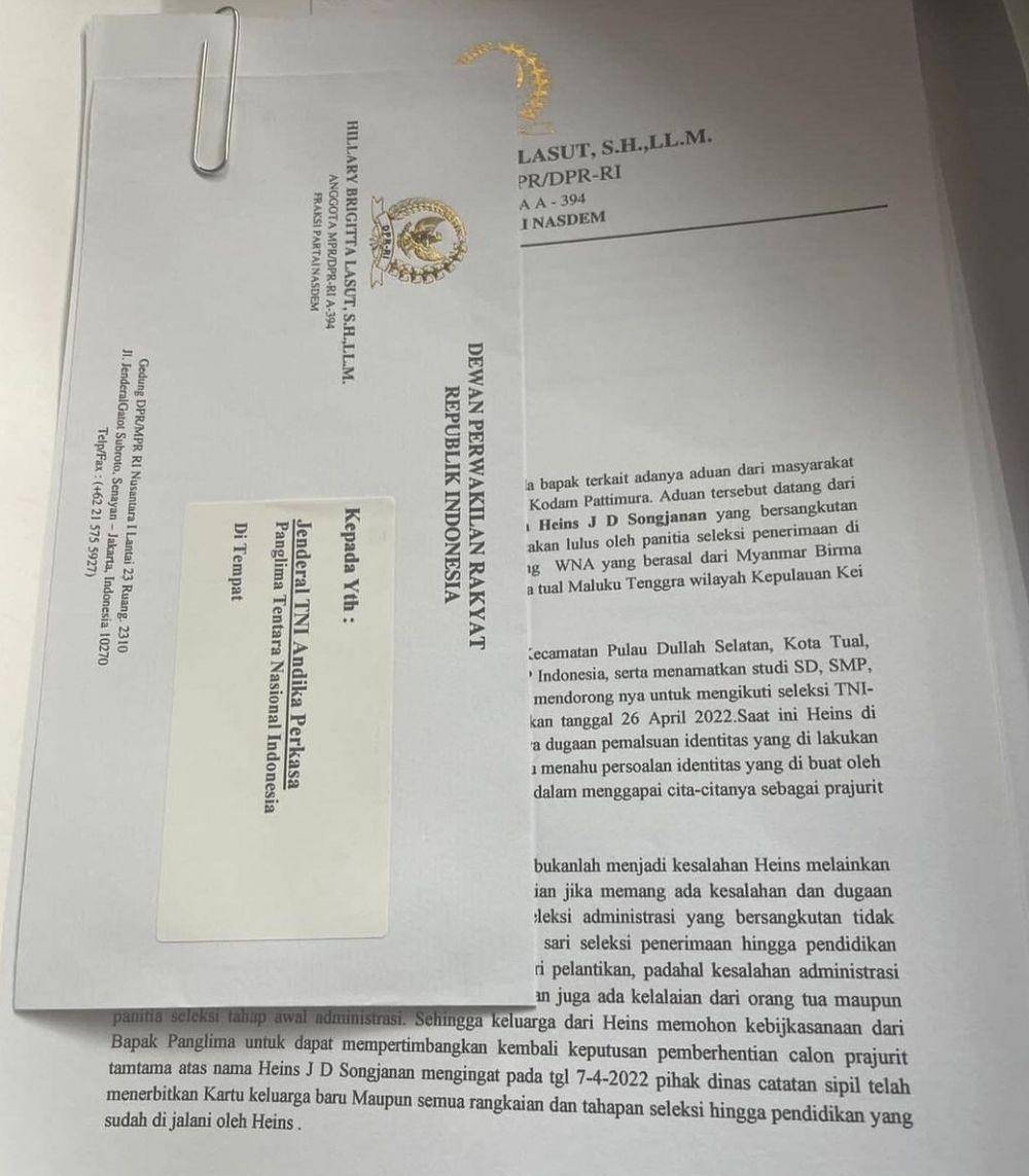 Surat yang dikirim oleh anggota komisi I DPR, Hillary Briggitta Lasut ke Panglima TNI yang meminta agar Henz Songjanan tak dipecat (www.instagram.com/@hillarybrigitta)