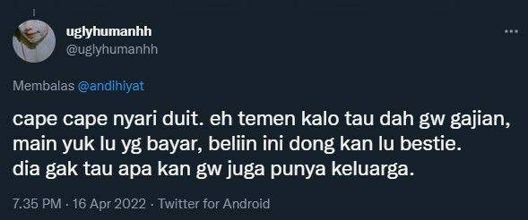 cuitan warganet soal nyari duit (twitter.com/uglyhumanhh)