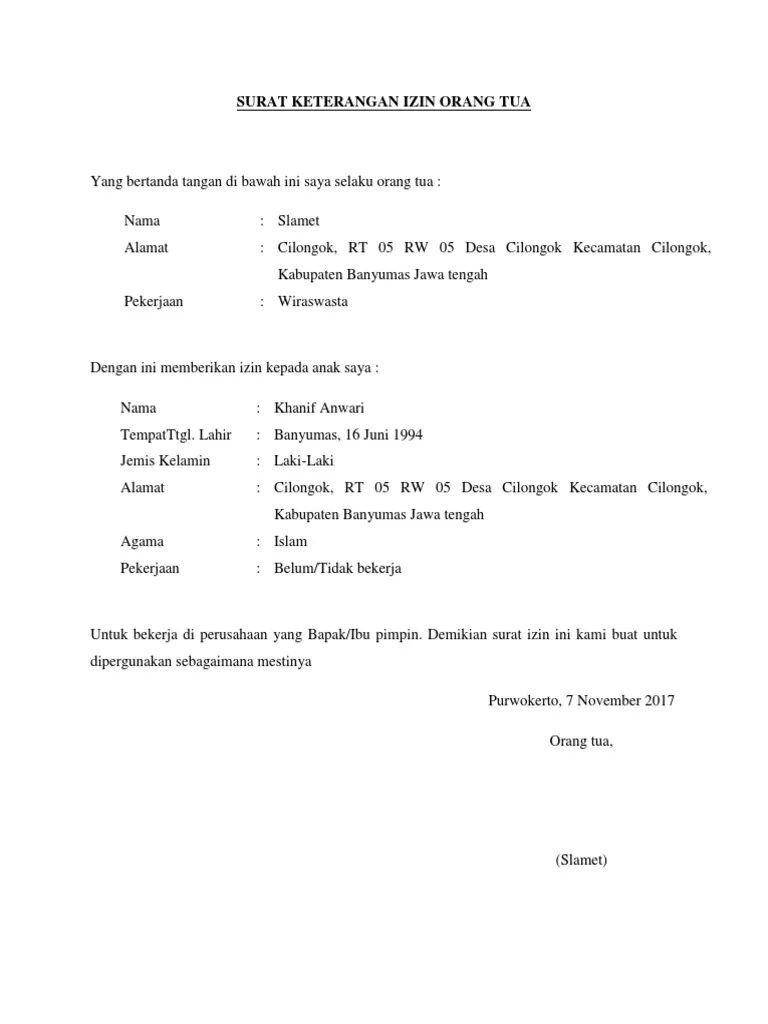 Ilustrasi surat izin orangtua untuk melamar pekerjaan (Scribd/Khanif Anwari)