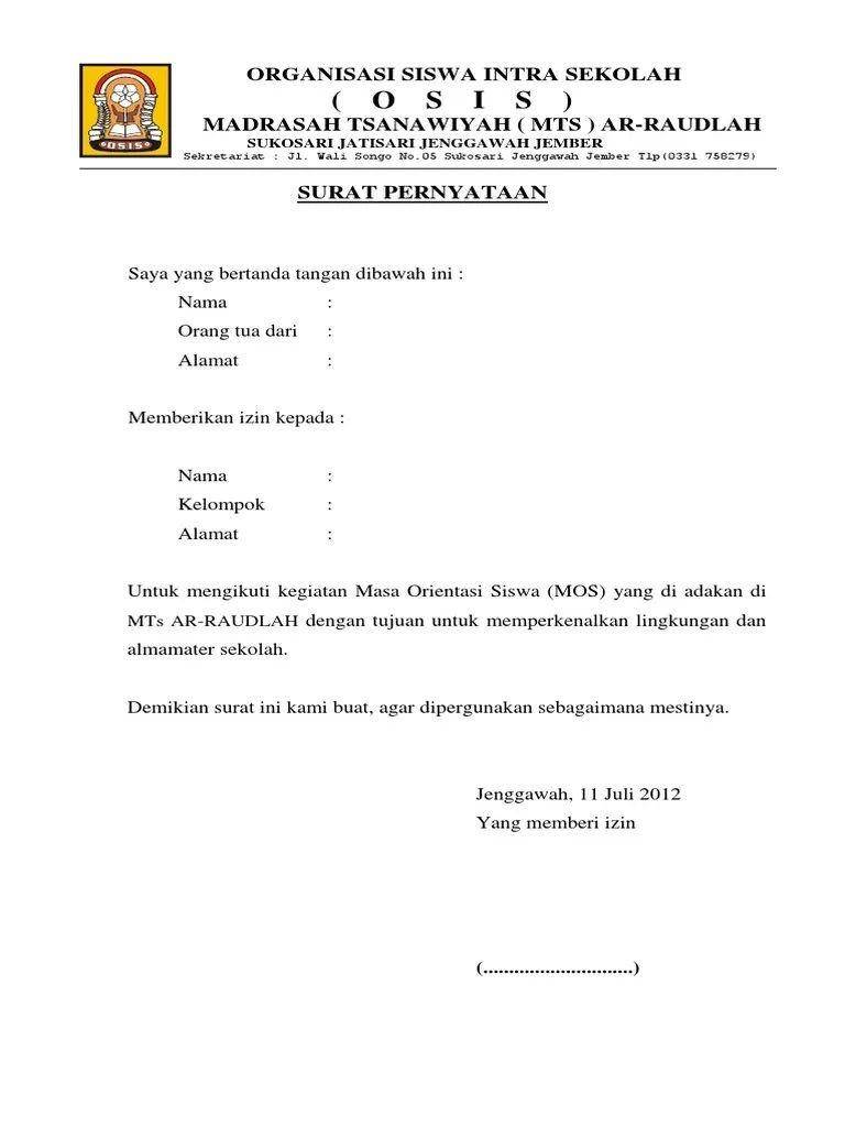 Ilustrasi surat izin orangtua untuk kegiatan sekolah (Scribd/Zuhri Fauzi)