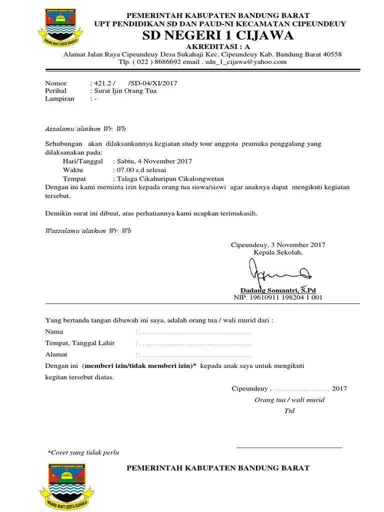 Ilustrasi surat izin orangtua untuk karyawisata (Scribd/Anen Taryana)