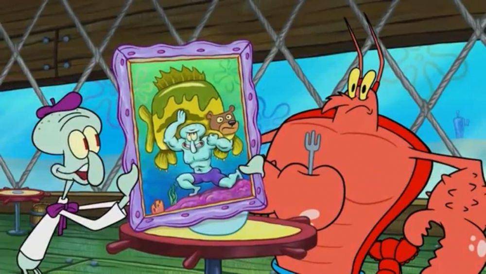 Squidward menunjukkan lukisannya pada Larry (scoutmag.ph)