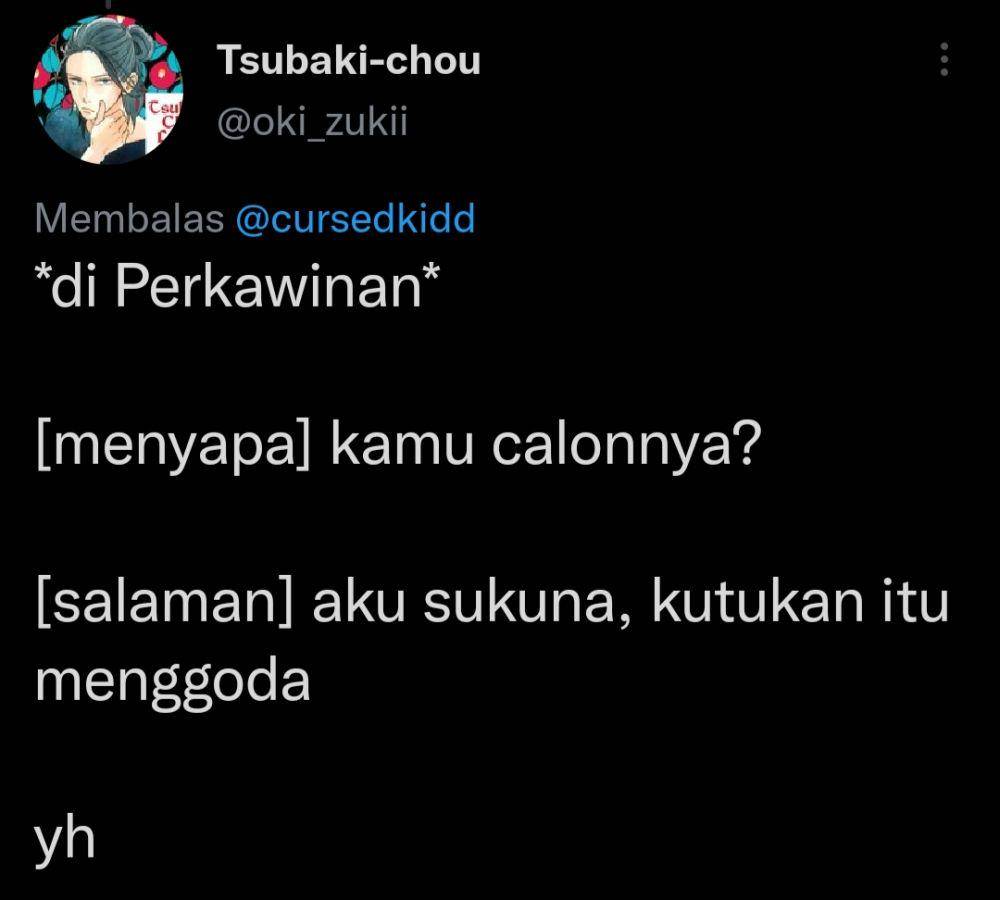Celetukan warganet saat ditanya soal calon di pernikahan (Twitter.com/oki_zukii)