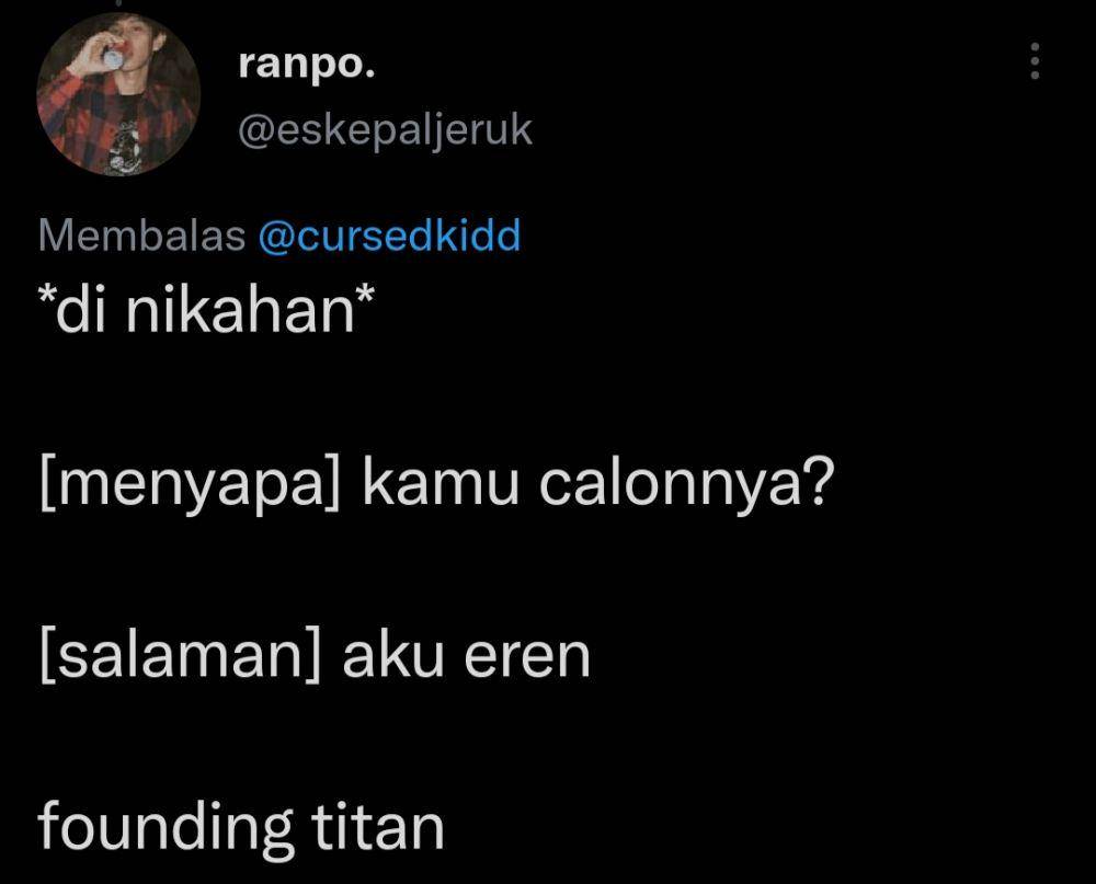 Celetukan warganet saat ditanya soal calon di pernikahan (Twitter.com/eskepaljeruk)