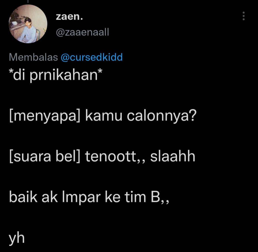 Celetukan warganet saat ditanya soal calon di pernikahan (Twitter.com/zaaenaall)