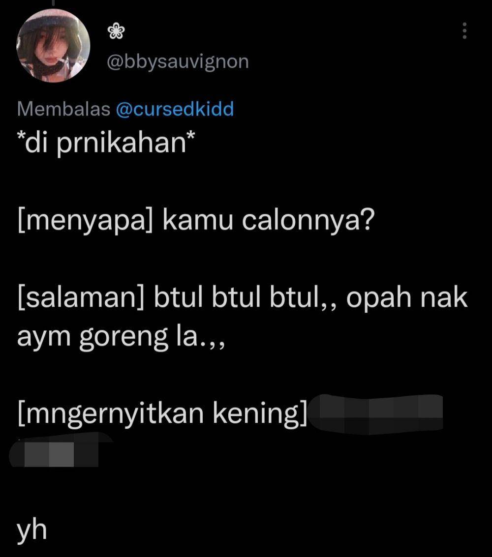 Celetukan warganet saat ditanya soal calon di pernikahan (Twitter.com/bbysauvignon)