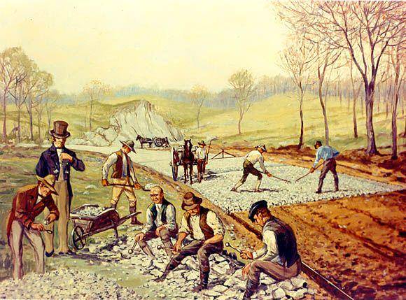Ilustrasi pembangunan jalan makadam, "Jalan Tol Boonsboro" antara Hagerstown dan Boonsboro, Maryland, 1823. (commons.wikimedia.org/Carl Rakeman)