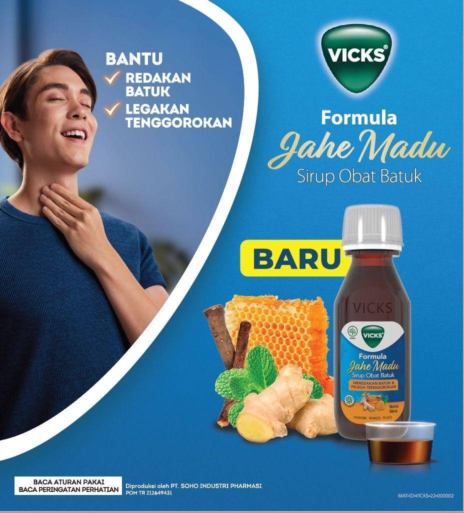 Vicks Formula Jahe Madu merupakan obat batuk sirup herbal yang mengandung Triple Herbal Action: Jahe, Madu, Licorice dan Mint yang membantu meringankan batuk dan melegakan tenggorokan. (Dok. Vicks)