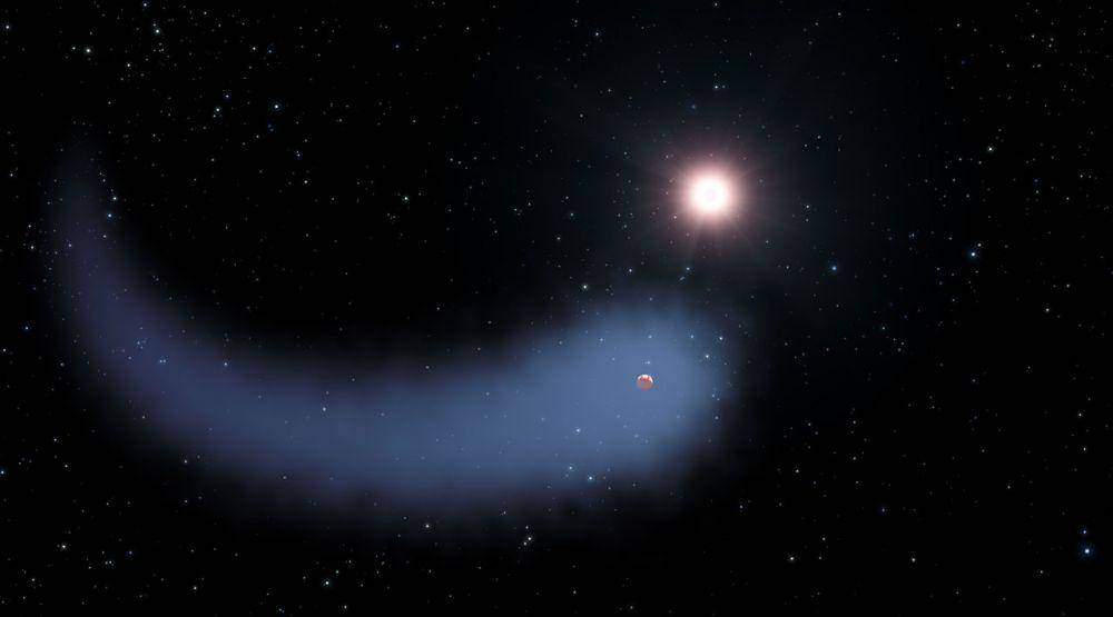 ilustrasi awan hidrogen besar yang keluar dari planet Gliese 436b (esahubble.org)