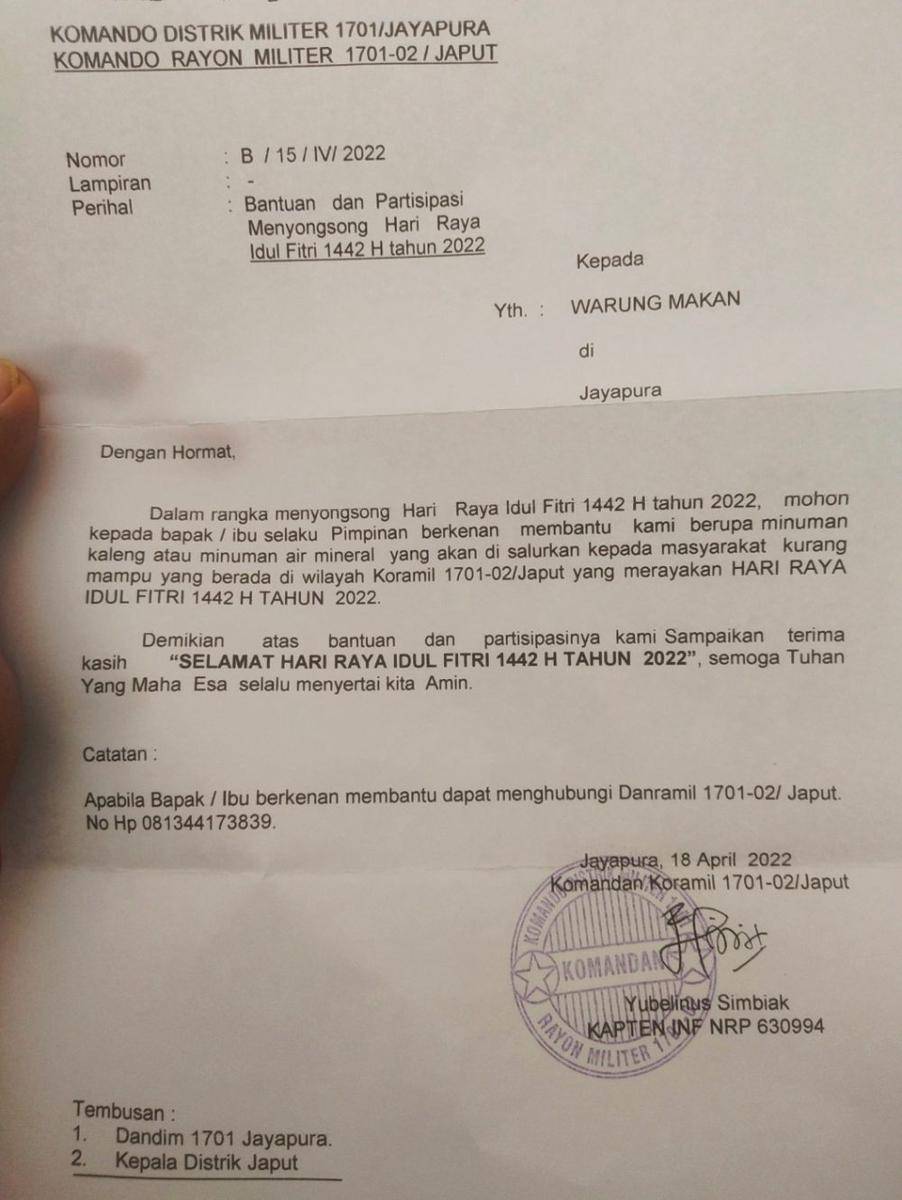 Surat dari Komandan Ramil Japut Papua yang meminta minuman kaleng atau air mineral untuk didonasikan bagi masyarakat kurang mampu (www.twitter.com/@agenmossad)