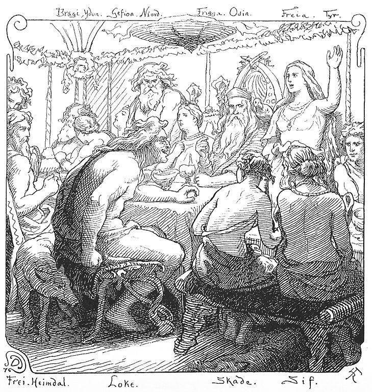 ilustrasi Lokasenna dan Loki berdebat dengan para dewa dan dewi (wikimedia.org)