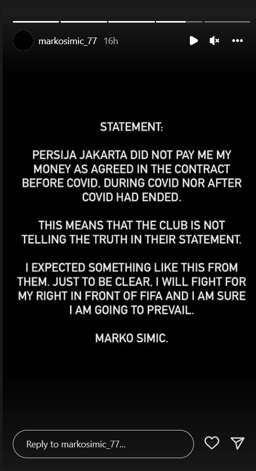 Pernyataan mantan striker Persija Jakarta, Marko Simic / Instagram @markosimic_77
