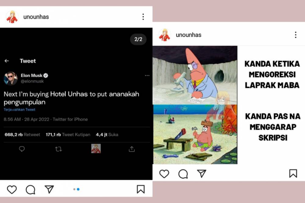 Tangkapan layar unggahan akun shitpost Keberagaman Kampus Merah yang berbasis di Universitas Hasanuddin. (Instagram.com/unounhas)