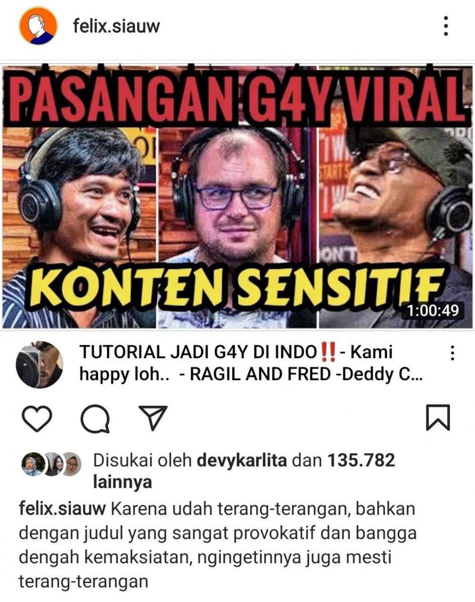 Felix Siauw ikut berbicara terkait podcast Deddy Corbuzier bersama Ragil. (Instagram/@felix.siauw).