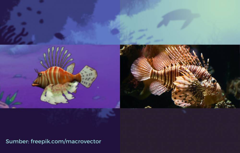 wujud lionfish dalam game dan di dunia nyata (dok. PopCap Games/Feeding Frenzy | unsplash.com/Wolfgang Hasselmann)