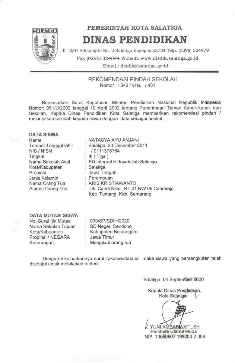 Surat rekomendasi pindah sekolah (dok. disdik Salatiga)