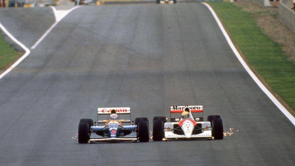 duel antara Nigel Mansell (kiri) dan Ayrton Senna (kanan) pada GP Spanyol 1991 (insidesport.in)