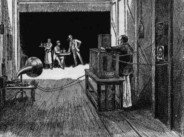 Interior Teater Kinetograph di Laboratorium Edison, Orange, N J, yang menampilkan gambar Fonograf dan Kinetograf dari studio film Black Maria oleh E. J. Meeker (commons.wikimedia.org/Century Magazine)