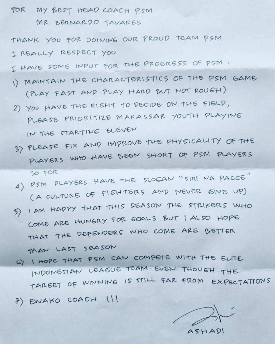Surat terbuka dari suporter PSM Makassar untuk pelatih kepala Bernardo Tavares yang ia terima pada Kamis 26 Mei 2022. (Instagram.com/bernardotavares80)