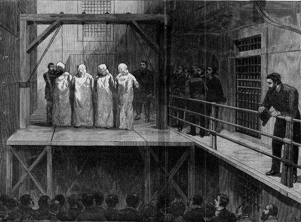 ilustrasi empat anarkis Chicago digantung di Penjara Cook County (executedtoday.com)