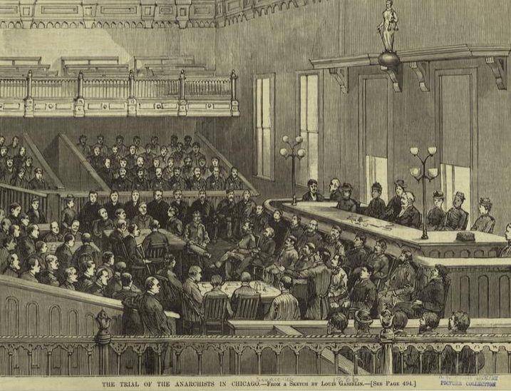 ilustrasi psidang para anarkis di Chicago terkait dengan pemboman Haymarket (dok. The New York Public Library/Gasselin, Louis)