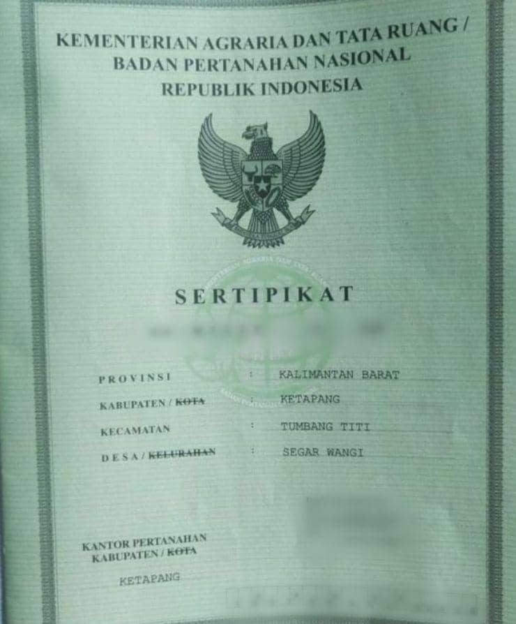 Serifikat milik warga Segar Wangi dari BPN (istimewa)