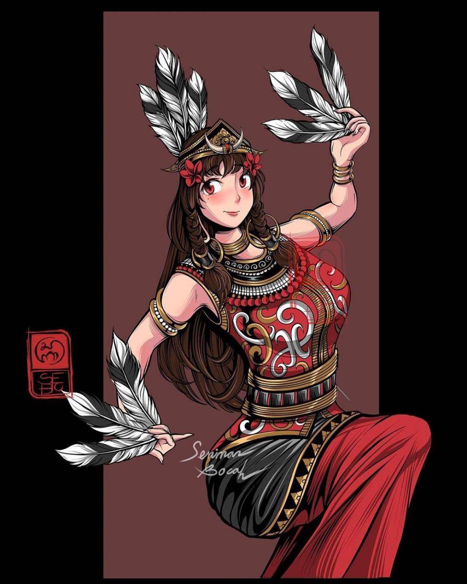 Penari Dayak dengan kostum yang memiliki ciri khas Bali. (instagram.com/seniman.bocah)
