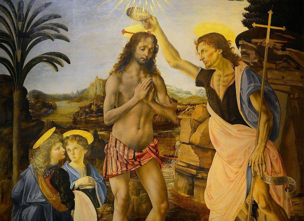 lukisan Andrea del Verrocchio yang dibantu dikerjakan oleh Leonardo da Vinci (Battesimo di Cristo (Baptism of Christ) karya Andrea del Verrocchio dan Leonardo da Vinci)