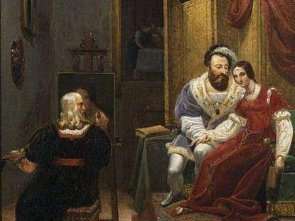 lukisan Leonardo da Vinci melukis Francis I dan gundiknya (Léonard de Vinci peignant François Ier et sa maîtresse (Leonardo da Vinci painting Francis I and his mistress) karya François Barthélémy Augustin Desmoulins)