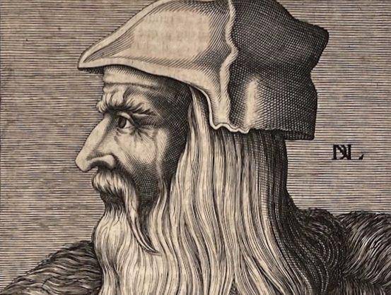 potret Leonardo da Vinci yang diukir pada pelat tembaga oleh Nicolas de Larmessin (Académie des Sciences et des Arts karya Isaac Bullart)