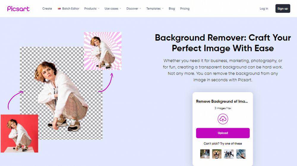 halaman depan picsart background remover (picsart.com/background-remover)