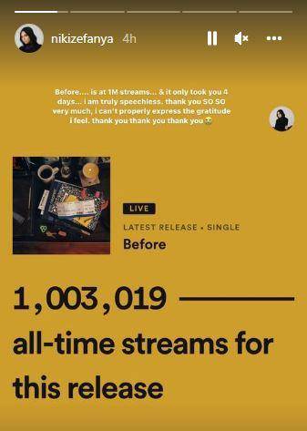 jumlah streaming lagu 'before' (dok. instagram.com/nikizefanya)
