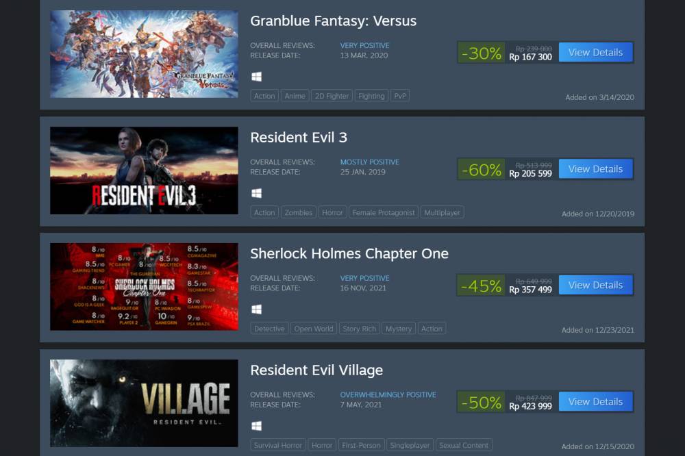 Game di menu Wishlist user (store.steampowered.com)