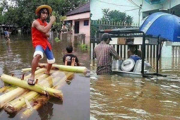 10 Potret Kelakuan Kocak Warga Saat Banjir, bak Liburan di Water Park