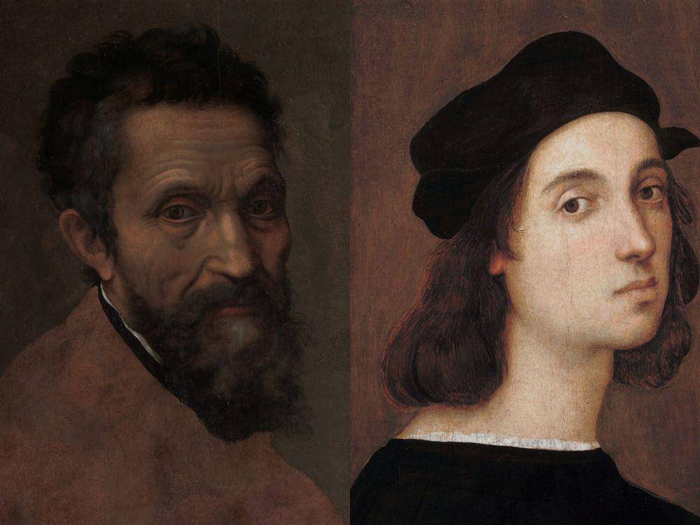 potret lukisan Michelangelo Buonarroti (kiri) dan potret diri lukisan Raphael (Michelangelo Buonarroti karya Daniele da Volterra | Raphael self-portrait karya Raphael)