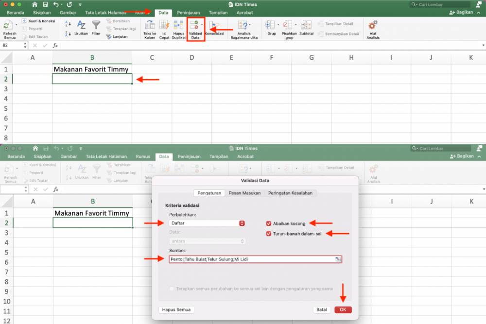 ilustrasi cara membuat drop down link di Excel (IDN Times/Laili Zain Damaika)