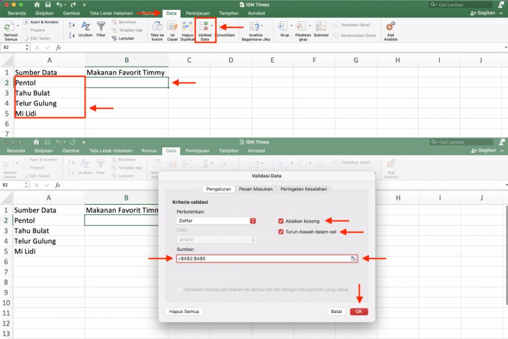 ilustrasi cara membuat drop down list di Excel (IDN Times/Laili Zain Damaika)