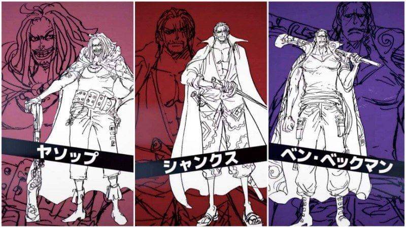 Sketsa Yasopp, Shanks, dan Beckman. (youtube.com/ONE PIECE公式YouTubeチャンネル)