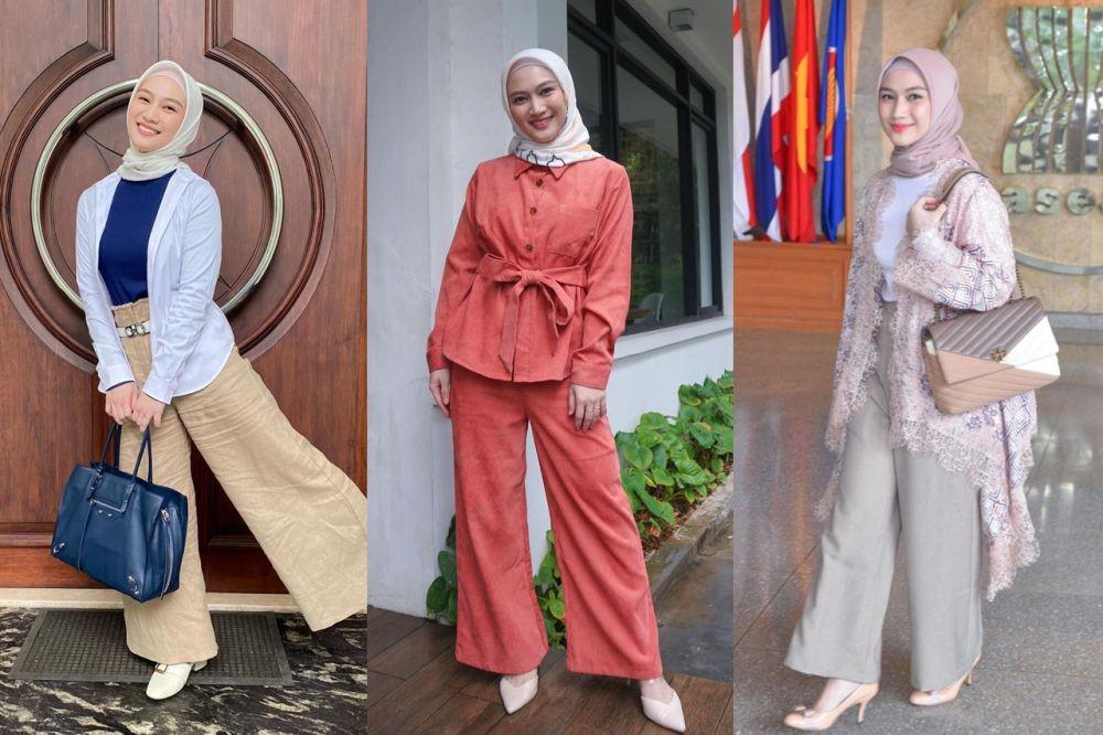 9 Gaya Hijab Kasual Melody Laksani, Didominasi Look Kantoran Modis
