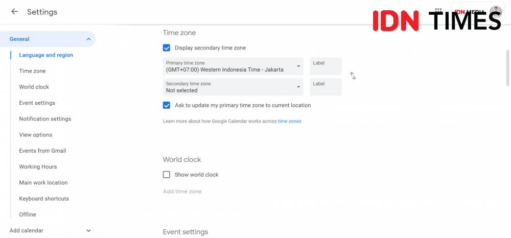 ilustrasi fitur zona waktu kedua dalam Google Calendar (IDN Times/Rifki Wuda Sudirman)