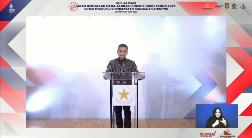 Sosialisasi Kebijakan Dana Alokasi Khusus (DAK) Stunting Tahun 2023 yang disiarkan secara daring, Selasa (14/6/2022). (YouTube/TP2AK Stunting).